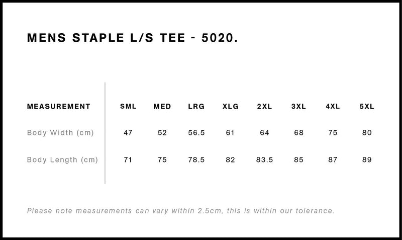 AS Colour 5020 Staple L/S Tee Mens size guide