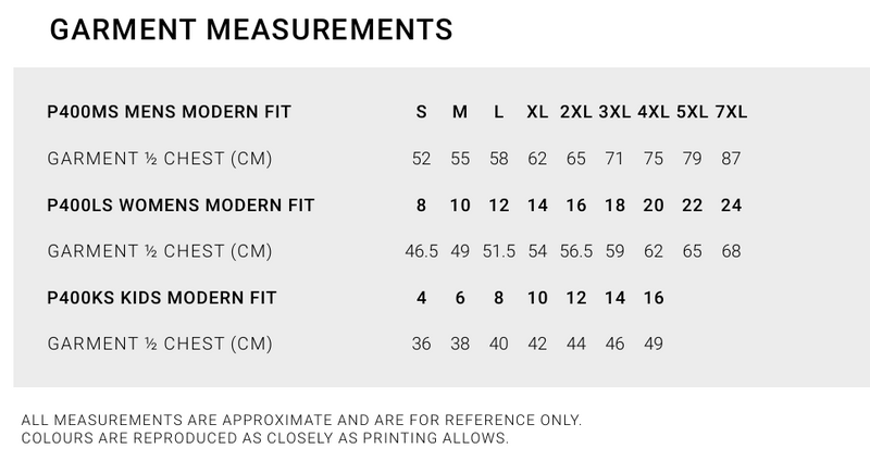 Biz Collection P400MS Crew Polo Mens size guide