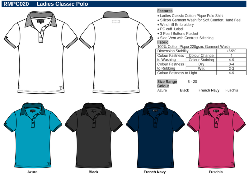 RMPC020 Ritemate Pilbara Women's Classic Polo spec sheet