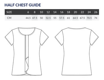 Half chest guide for a shirt with size measurements in centimeters and inches.