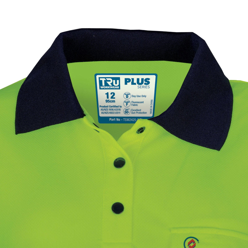 Tru Workwear TSW2425 Micromesh L/S Two Tone Hi-Vis Polo Shirt Ladies neckline