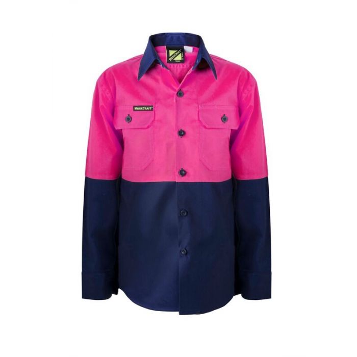 Personalised Kids PINK Hi Vis Two Tone Long Sleeve Shirt - Embroidered with individual name (Front RHB)