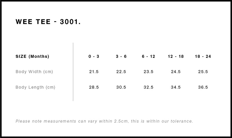 size chart AS Colour 3001 Infant Wee Tee