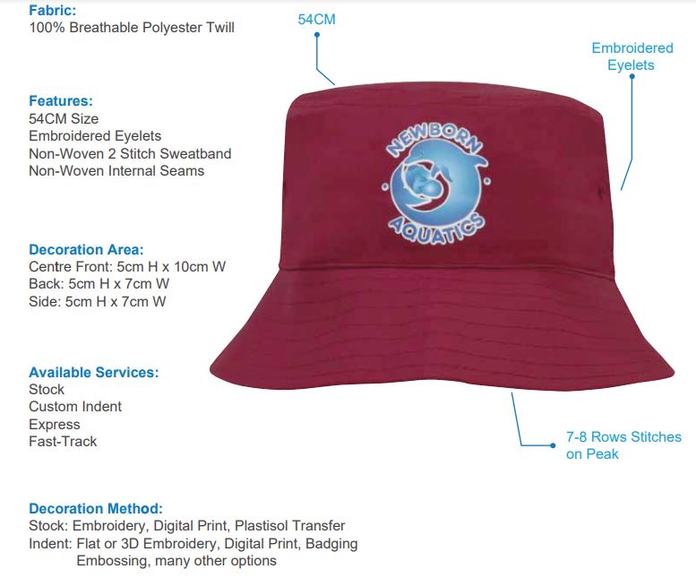 HS-3939 Breathable Poly Twill Childs Bucket Hat spec sheet