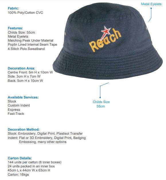 HS-4166 Childs Brushed Sports Twill Bucket Hat spec sheet