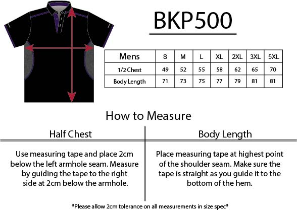 BKP500 size chart