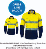 Personalised Dads & Kids Hi Vis Two Tone Long Sleeve Shirt with 3M Reflective Tape - Embroidered with individual name (Front RHB) - 2 PACK
