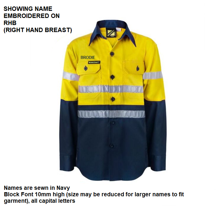 Personalised Kids Hi Vis Two Tone Long Sleeve Shirt with 3M Reflective Tape - Embroidered with individual name (Front RHB)