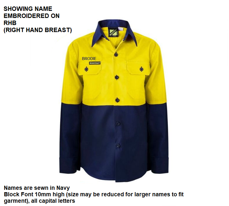 Personalised Kids Hi Vis Two Tone Long Sleeve Shirt - Embroidered with individual name (Front RHB)