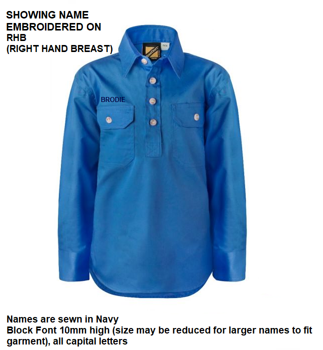 Personalised Kids Long Sleeve Cotton Drill Shirt - with individual name (Front RHB)