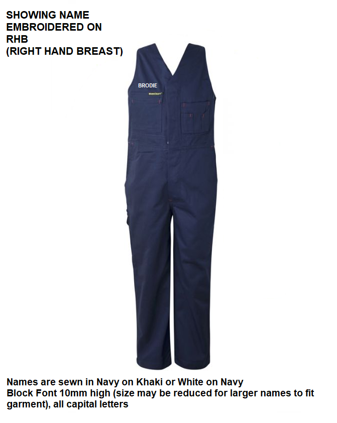 Personalised Kids Cotton Drill Overalls - Embroidered with individual name (Front RHB)