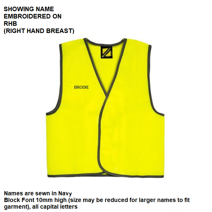 Personalised Kids Hi Vis Safety Vest - Embroidered with individual name on front