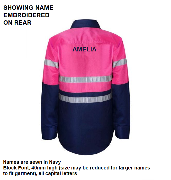 Personalised Kids Long Sleeve Shirt with Tape - with individual name (Large on REAR)