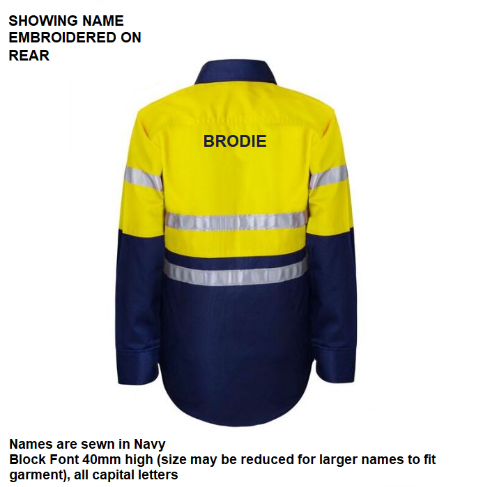 Personalised Kids Long Sleeve Shirt with Tape- with individual name (Large on REAR)