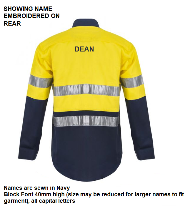 Personalised Dads Hi Vis Long Sleeve Shirt - with individual name (Large on REAR)