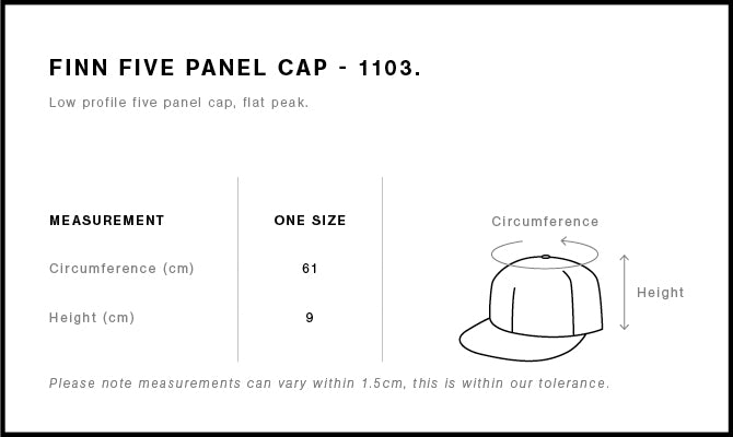 AS Colour 1103 Finn Five Panel Cap Size Guide