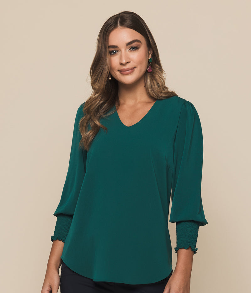 Cleo V Neck Shirred Cuff Top Ladies
