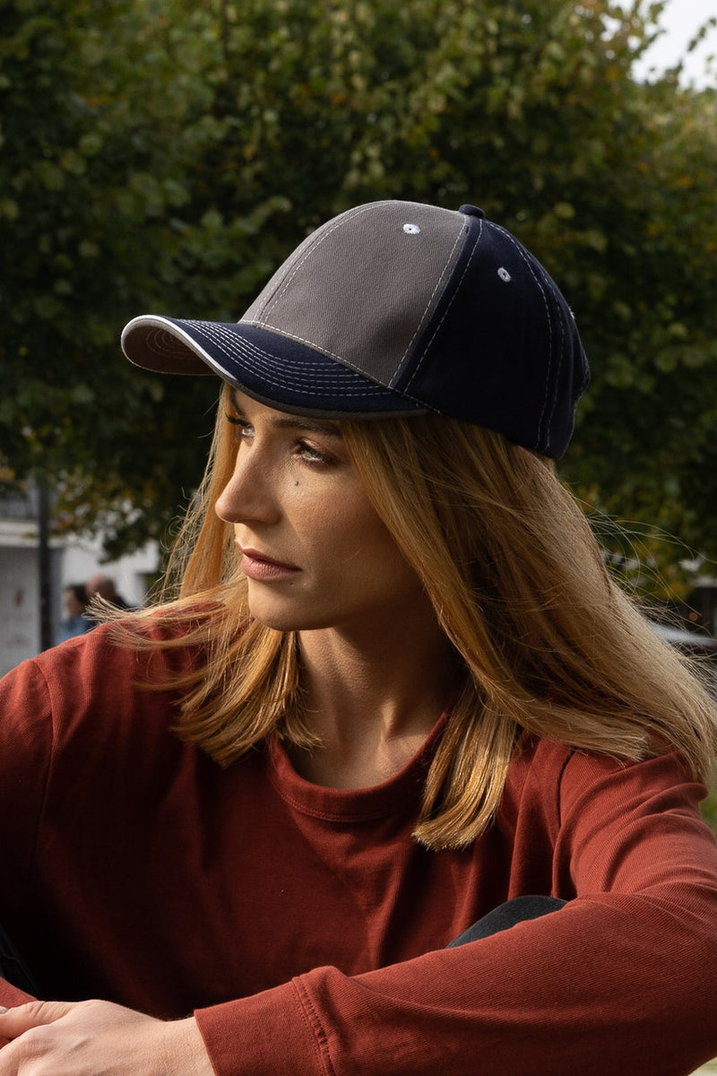 Brushed Heavy Cotton Two Tone Cap with Contrasting Stitching and Open Lip Sandwich