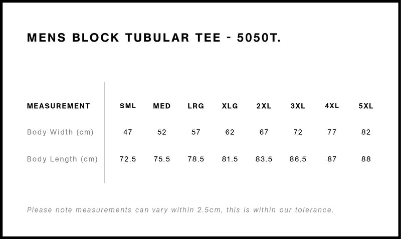 AS Colour 5050T Block Tubular Tee Mens SIZE GUIDE