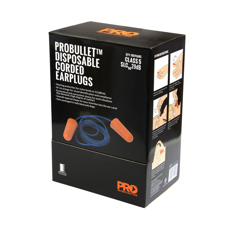 Probullet Disposable Earplugs Corded (100 Pairs)