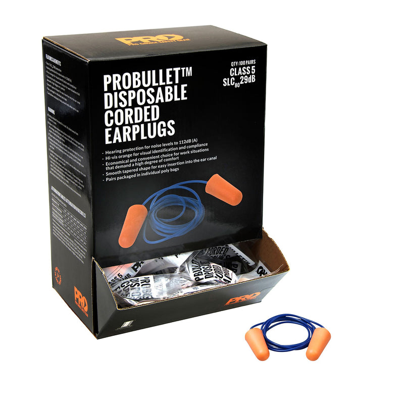 Probullet Disposable Earplugs Corded (100 Pairs)