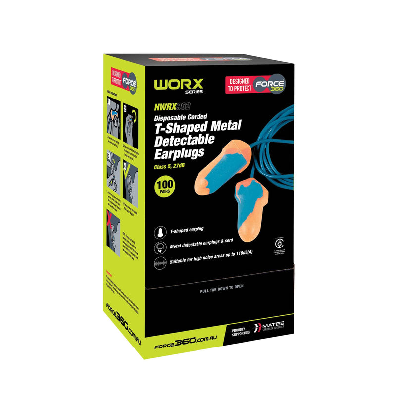 Force 360 HWRX962 T-Shaped Metal Detectable Corded Disposable Earplug (100 Pairs) 2