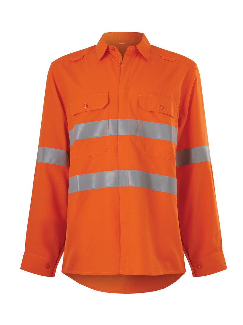 King Gee K84001 Shieldtec LENZING™ FR Hi-Vis Spliced Open Front Taped Shirt PPE2 Mens – product photo