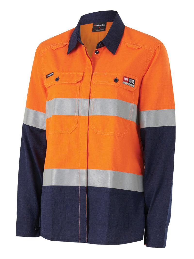 King Gee K84002 Women’s Shieldtec LENZING™ FR Hi-Vis Spliced Open Front Taped Shirt PPE2 Ladies – product photo