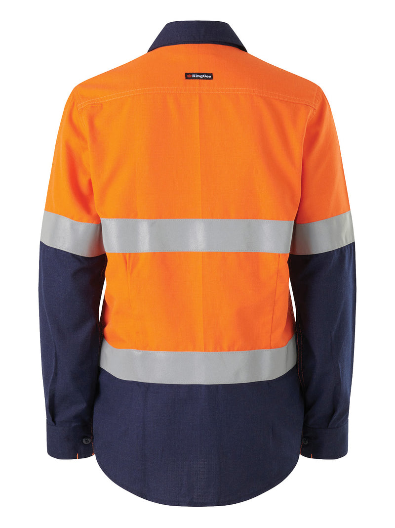 King Gee K84002 Women’s Shieldtec LENZING™ FR Hi-Vis Spliced Open Front Taped Shirt PPE2 Ladies – product photo