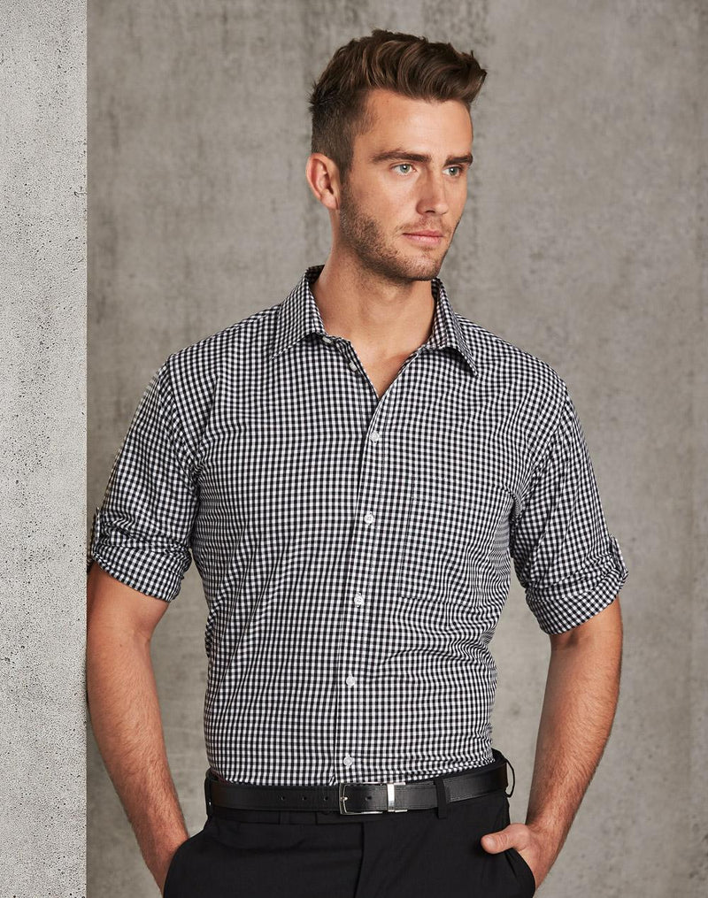 Winning Spirit M7300L Gingham Check Long Sleeve Shirt with Roll-Up Tab Sleeve Mens
