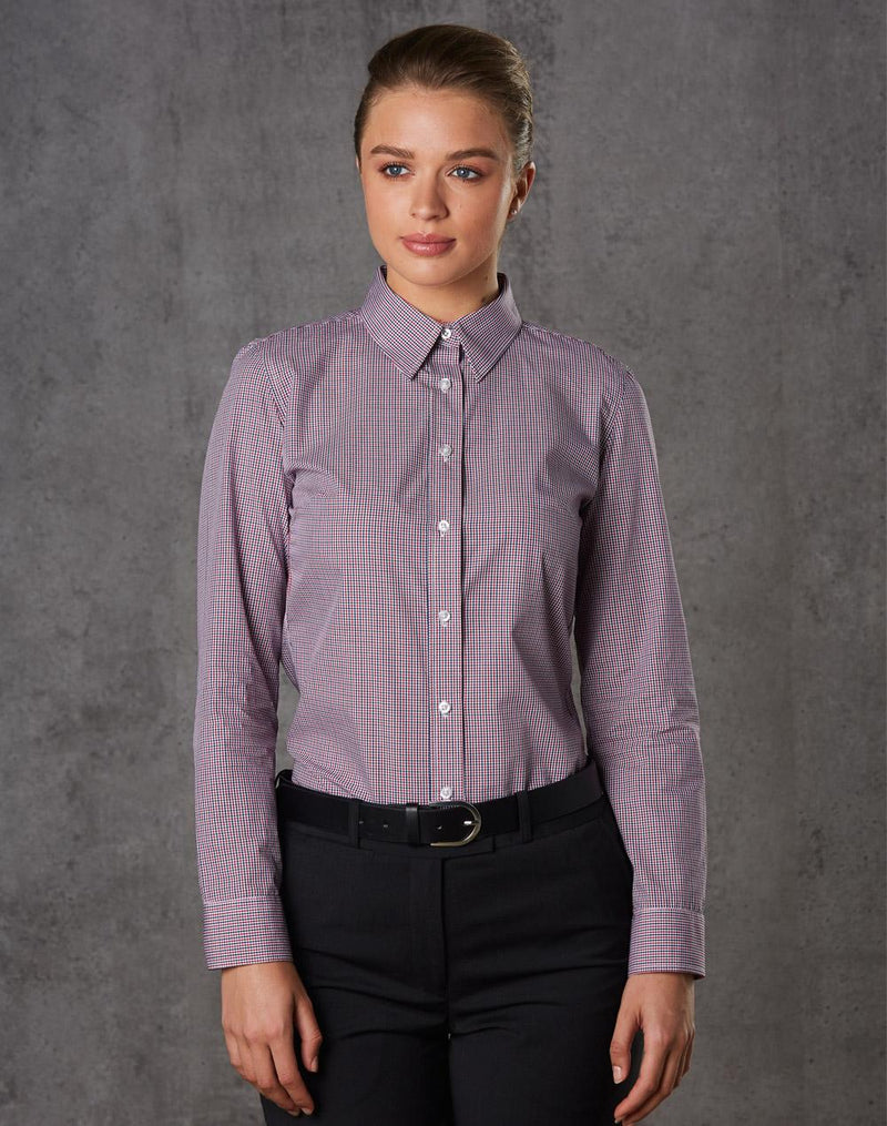 Winning Spirit M8340L Two Tone Mini Gingham Long Sleeve Shirt Ladies