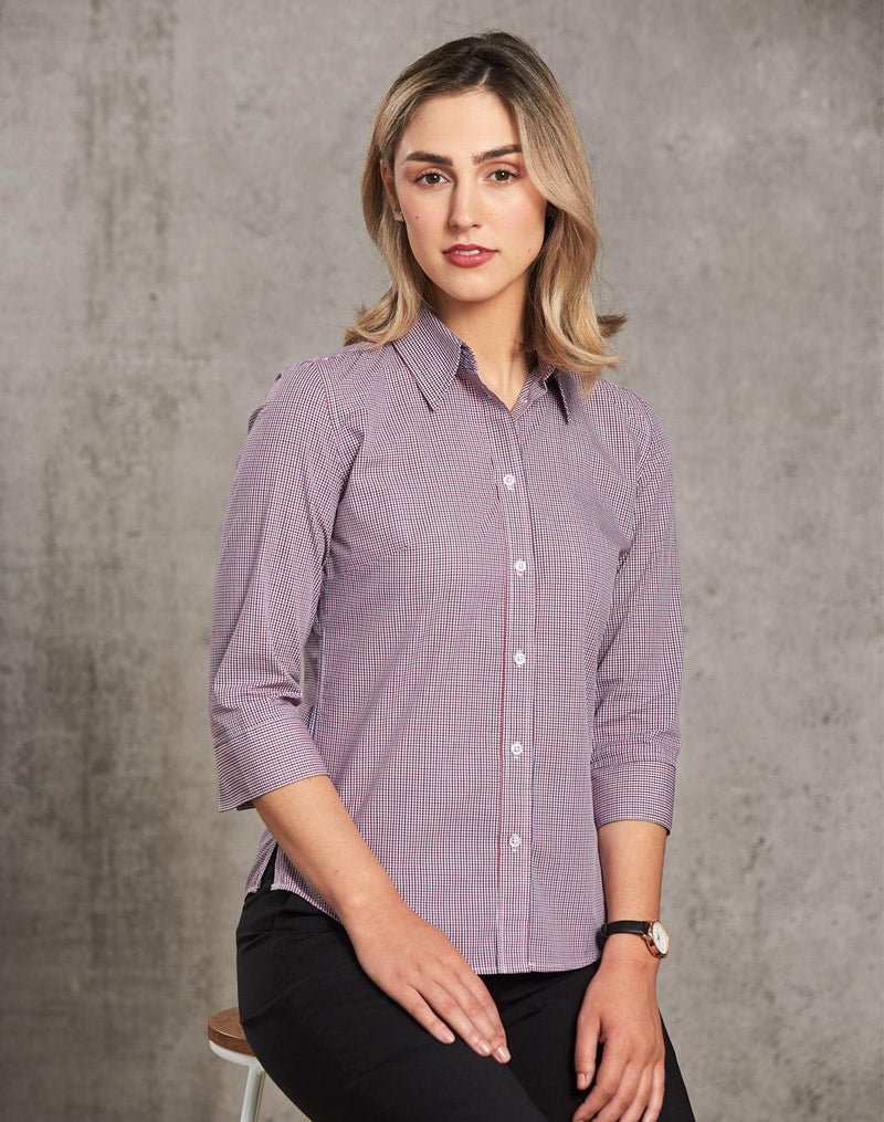 Winning Spirit M8340Q Two Tone Mini Gingham 3/4 Sleeve Shirt Ladies