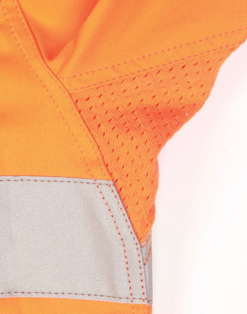Close-up of an orange safety shirt underarm vent with reflective material.