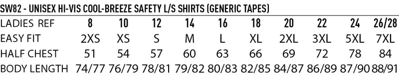 Winning Spirit WS-SW82 HI VIS COOL-BREEZE SAFETY LS SHIRT SIZE CHART