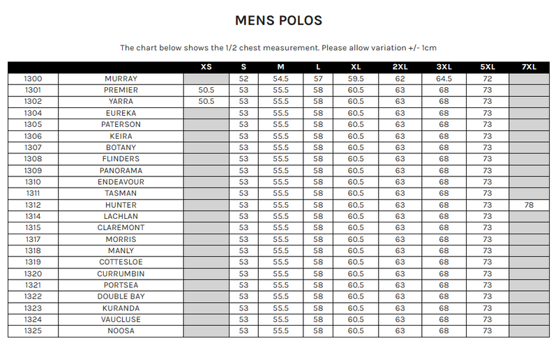 Aussie Pacific 1312 Hunter Polo Mens size chart