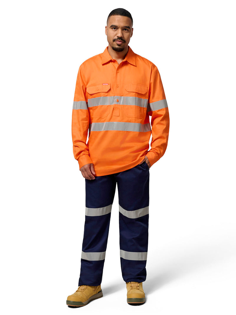 Hard Yakka Y07899 Hi-Vis Closed Front Taped Long Sleeve Cotton Drill Shirt Mens – product photo