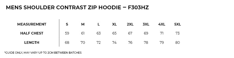 Size guide – Shoulder Contrast Zip Hoodie Mens