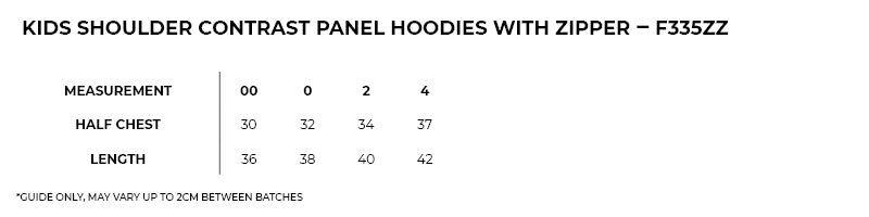 Size guide – Shoulder Contrast Panel Zip Hoodie Kids