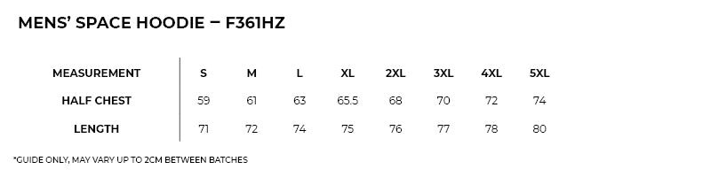 Size guide – Space Zip Hoodie Mens (S - 3XL)