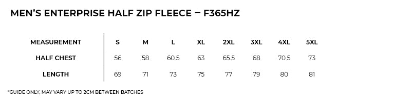 Size guide – Enterprise Half Zip Fleece Mens (4XL - 5XL)