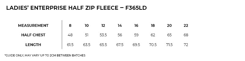 Size guide – Enterprise Half Zip Fleece Ladies