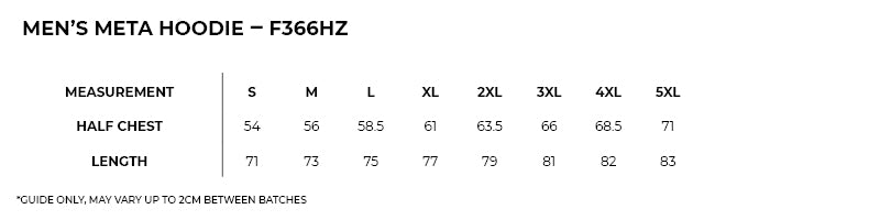 Size guide – Meta Zip Hoodie Mens (S - 3XL)