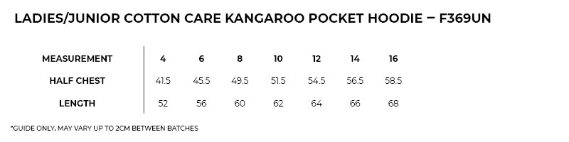 Size guide – Cotton Care Kangaroo Pocket Hoodie Ladies/Junior