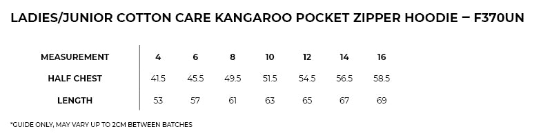Size guide – Cotton Care Kangaroo Pocket Zip Hoodie Ladies/Junior