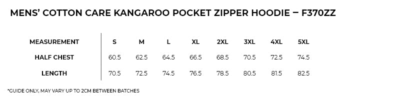 Size guide – Cotton Care Kangaroo Pocket Zip Hoodie Mens (S - 3XL)