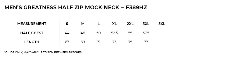 Size guide – Greatness Half Zip Mock Neck Mens