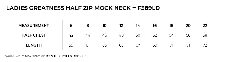 Size guide – Greatness Half Zip Mock Neck Ladies
