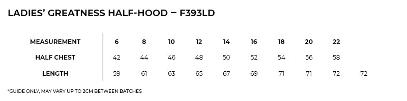 Size guide – Greatness Half Hood Top Ladies