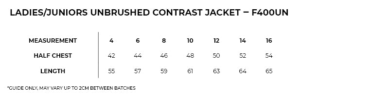 Size guide – Unbrushed Contrast Zip Jacket Ladies/Junior