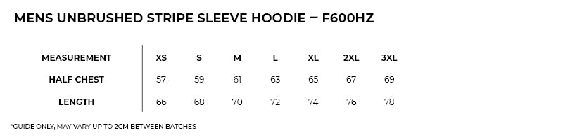 Size guide – Unbrushed Stripe Sleeve Zip Hoodie Mens